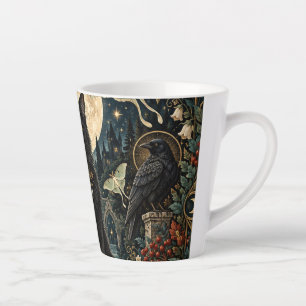 Taza De Café Latte Gato Negro Gótico Celestial con Luna y Cuervos.