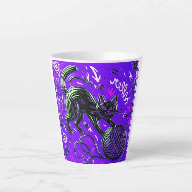 Taza De Café Latte Gato Negro Morado Neón (Anverso)