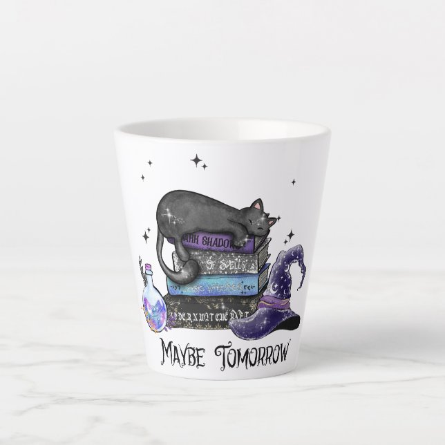Taza De Café Latte Gato negro perezoso, gato de Halloween | Para Book (Anverso)