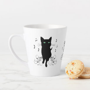 Taza De Café Latte Gato negro rodeado de notas de música susurrantes