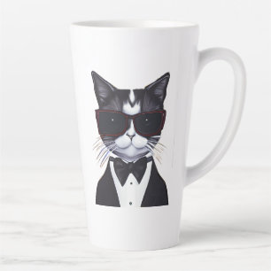 Taza De Café Latte Gato negro y blanco en un esmoquin y una corbata d