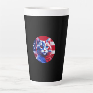 Taza De Café Latte Gato Rojo Blanco y Azul con Fondo de Bandera Ameri