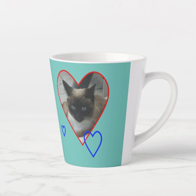 Taza De Café Latte Gato siamés en polvo cardíaco. Mug de latte azul c (Derecha)