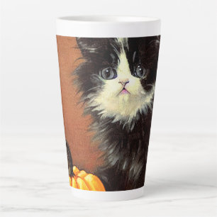 Taza De Café Latte Gato vintage negro y blanco de Halloween