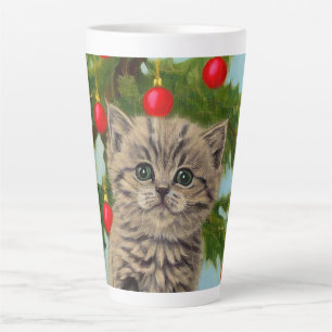 Taza De Café Latte Gato vintage y árbol de Navidad