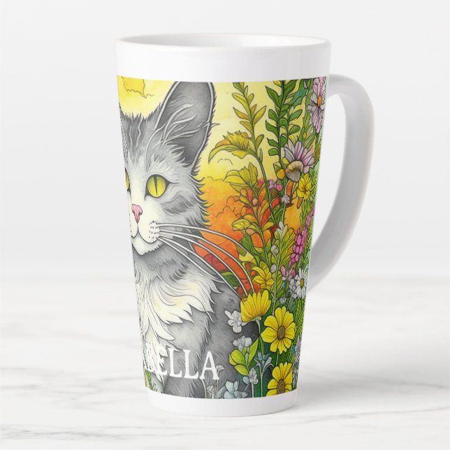 Taza De Café Latte Gato y flores caprichosas personalizadas (Ángulo derecho)