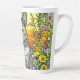 Taza De Café Latte Gato y flores caprichosas personalizadas