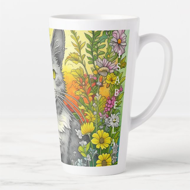 Taza De Café Latte Gato y flores caprichosas personalizadas (Derecha)