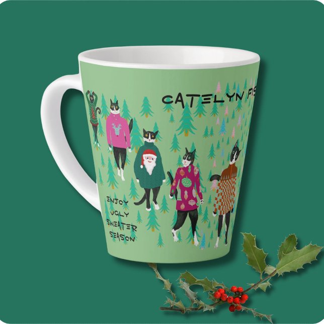 Taza De Café Latte Gatos divertidos en suéteres de Navidades feos (Subido por el creador)