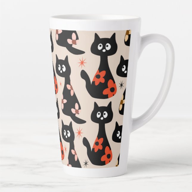 Taza De Café Latte Gatos Florales Retro (Beige Suave) (Derecha)