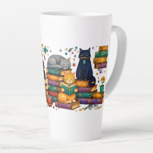 Taza De Café Latte Gatos leyendo libros Escena de biblioteca acogedor