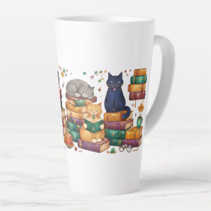 Taza De Café Latte Gatos leyendo libros Escena de biblioteca acogedor