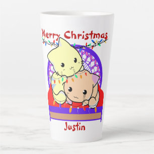 Taza De Café Latte Gatos navidades en la cama, nombre personalizado