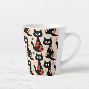 Taza De Café Latte Gatos negros retro florales (Beige suave) Latte Mu