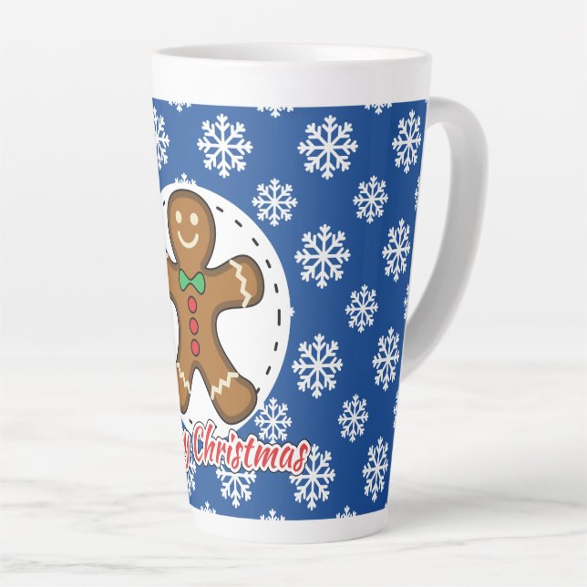 Taza De Café Latte Gingerbread - Blue Snowflakes Pattern - Merry Xmas (Ángulo derecho)