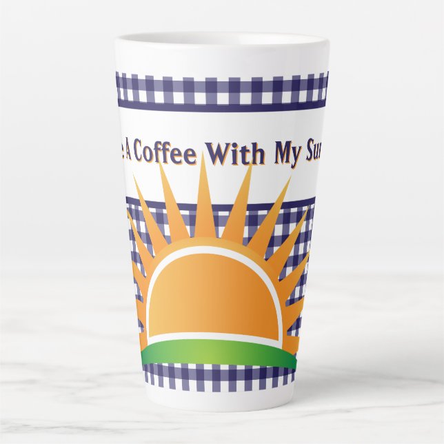 Taza De Café Latte Gingham Azul Y Sol  (Anverso)