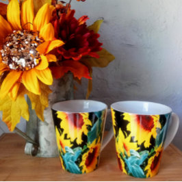 Taza De Café Latte Girasol Amarillo en Taza de Latte Negra