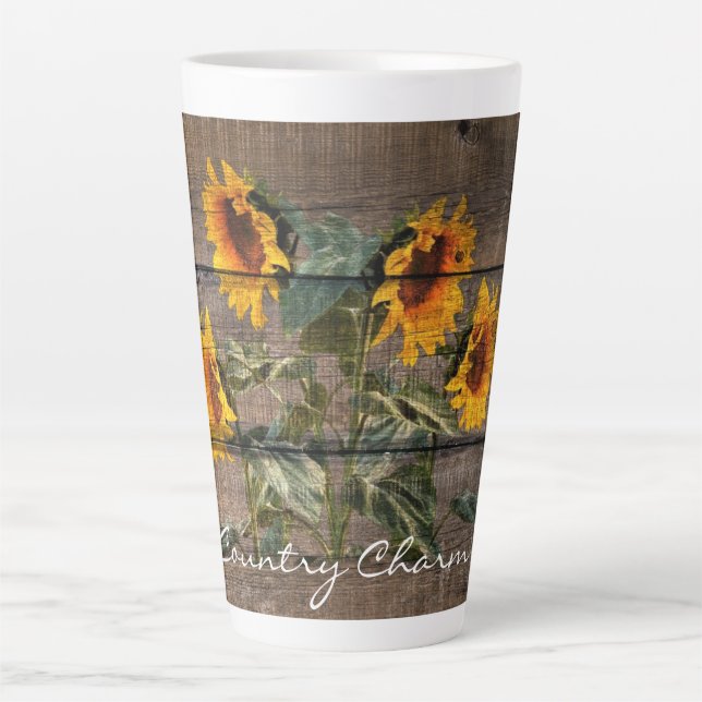 Taza De Café Latte Girasol de madera de grano rústico (Anverso)