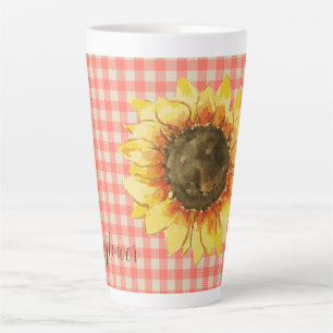 Taza De Café Latte Girasol en Gingham Latte Mug