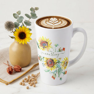 Taza De Café Latte Girasoles acuarela personalizados