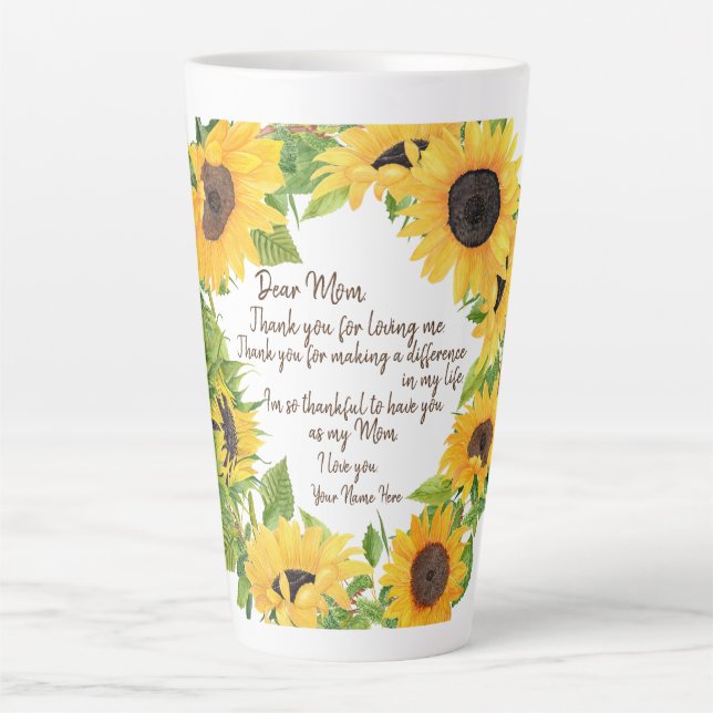 Taza De Café Latte girasoles con letra de mamá querida (Anverso)