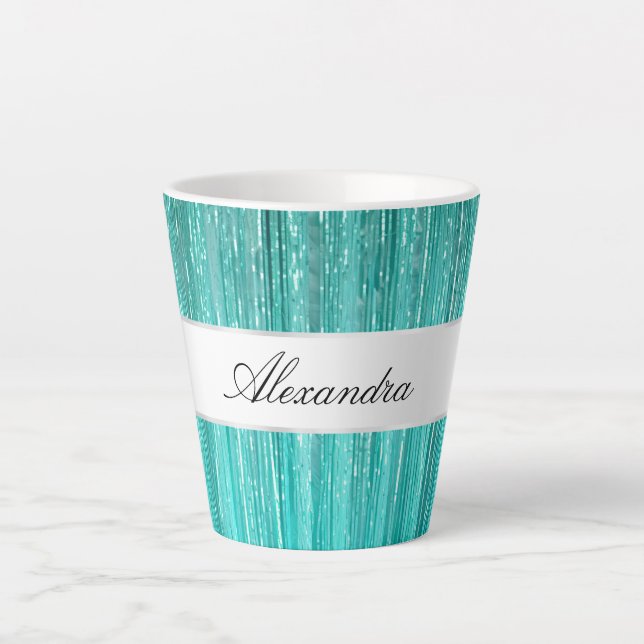 Taza De Café Latte Girly Aqua Mint Glam Glitzy Tinsel Stripes (Anverso)