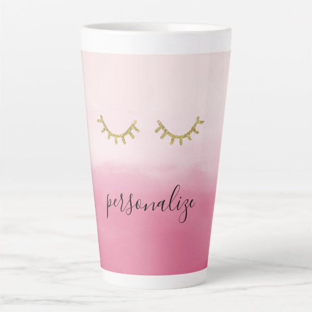Taza De Café Latte Girly Gold Glitz Eyelashes Rosados Ombre (Anverso)