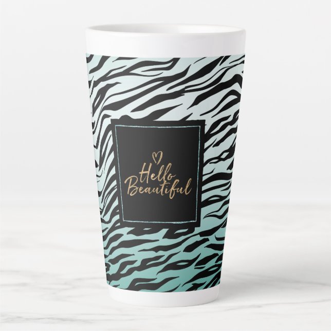Taza De Café Latte Girly Mint Black Zebra Print Ombre Hola Hermoso (Anverso)