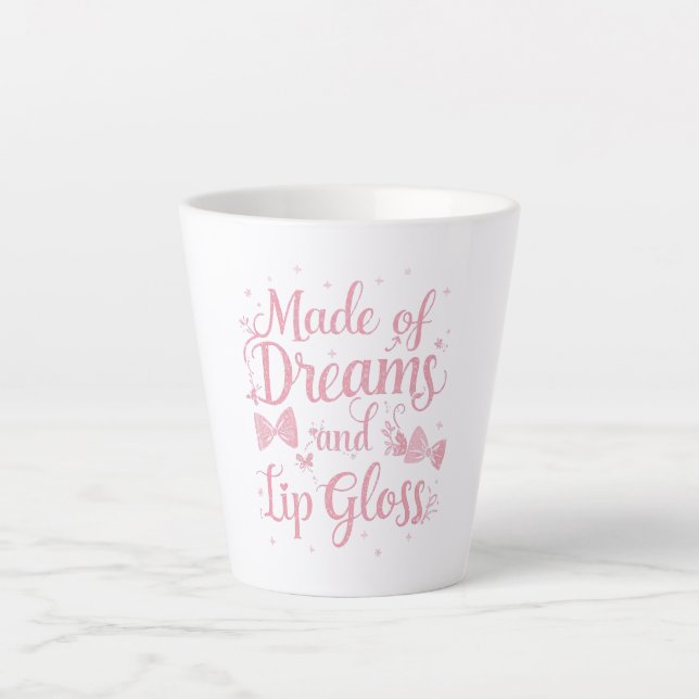 Taza De Café Latte Girly Pink Bow "Dreams and Lip Gloss" Quote (Anverso)