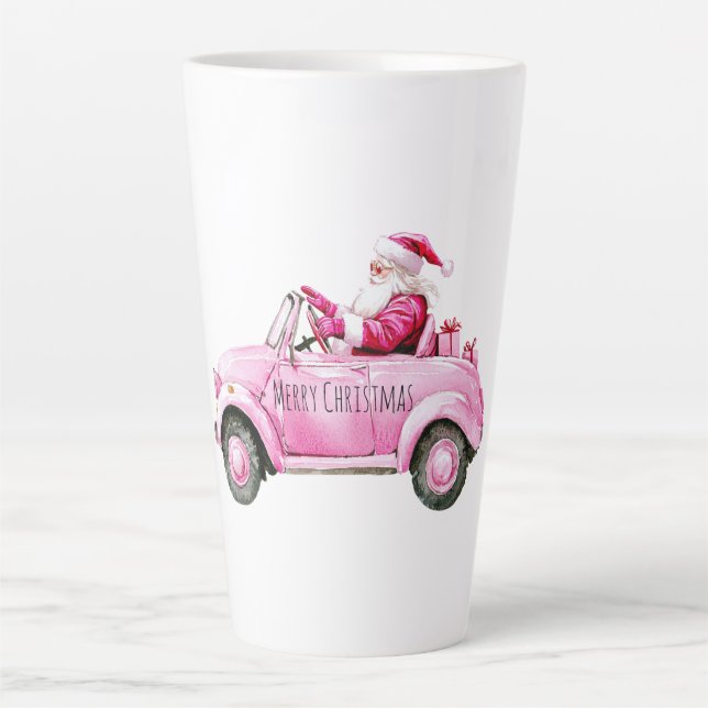 Taza De Café Latte Glam Santa Pink Car Christmas (Anverso)
