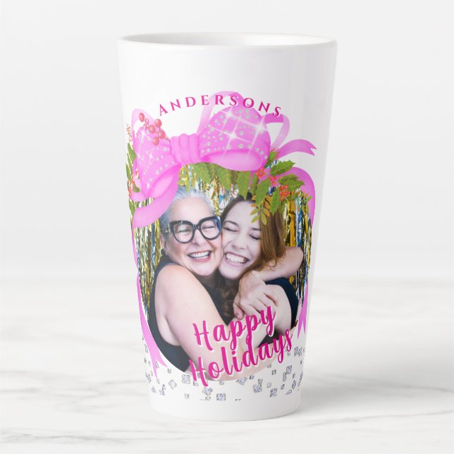 Taza De Café Latte Glittering Pink Ribbon Navidad Foto (Anverso)