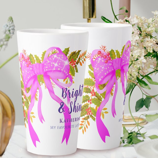 Taza De Café Latte Glittering Pink Ribbon Navidades (Glittering Pink Ribbon Christmas Design.)