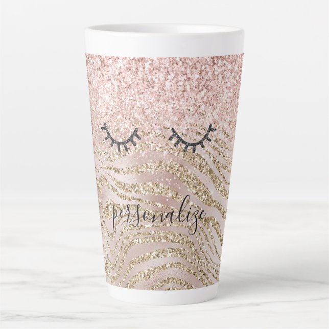 Taza De Café Latte Glitzy Black Eyelashes Rubor Zebra Purpurina     (Anverso)