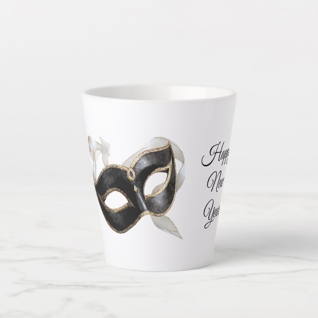 Taza De Café Latte Glitzy Gold Silver New Year Black Mask (Anverso)