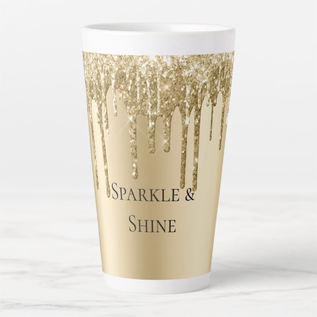 Taza De Café Latte Glitzy Gold Sparkle Purpurinas Drin Cumpleaños (Anverso)