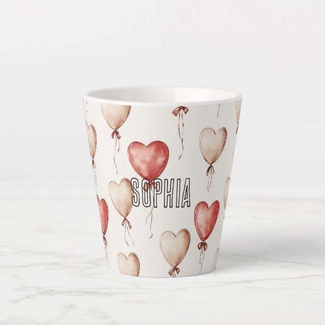Taza De Café Latte Globos del Corazón de Crema Roja (Anverso)