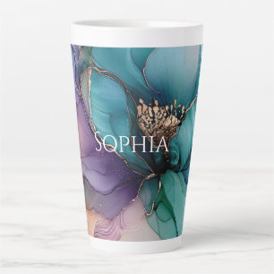 Taza De Café Latte Gold Blue Aqua Purple Flower Briower