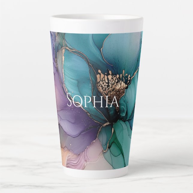 Taza De Café Latte Gold Blue Aqua Purple Flower Briower (Anverso)