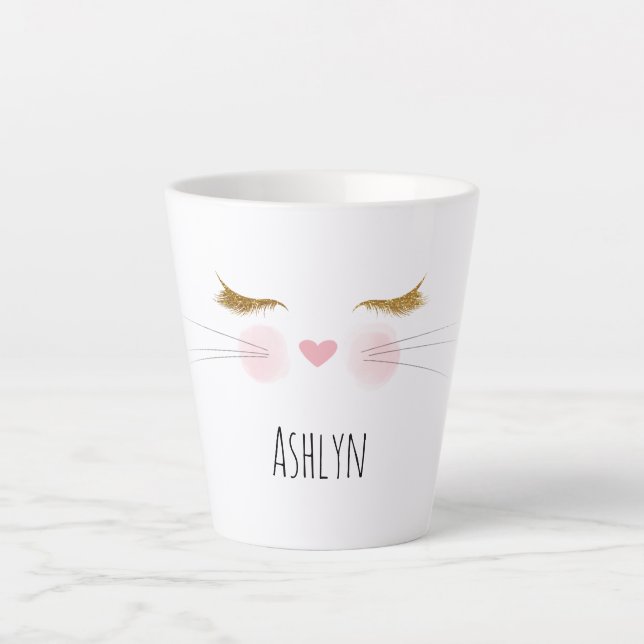 Taza De Café Latte Gold Glitter Eyelashes Pink Nose Kitty Cat Face (Anverso)