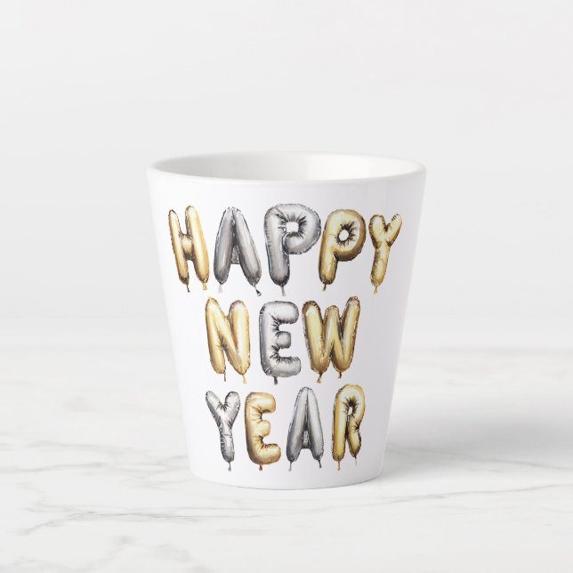 Taza De Café Latte Gold Grey Happy New Year (Anverso)