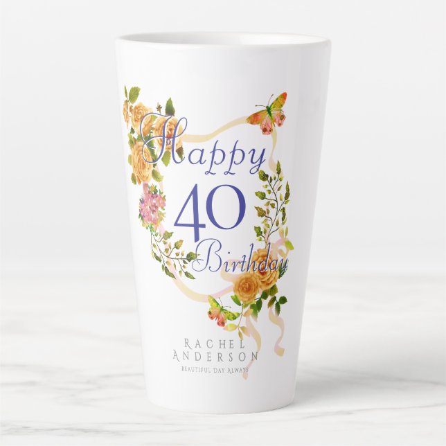 Taza De Café Latte Gold Rose Ribbon 40th Birthday (Anverso)
