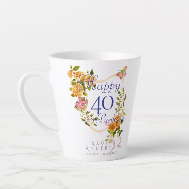 Taza De Café Latte Gold Rose Ribbon 40th Birthday (Izquierda)