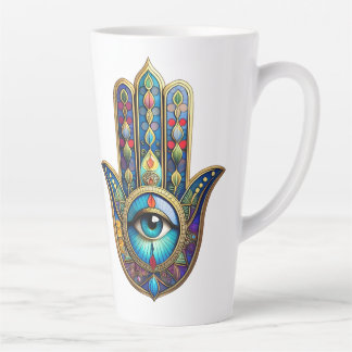 Taza De Café Latte Gold Royal Blue Hamsa w/ Turquoise Third Eye