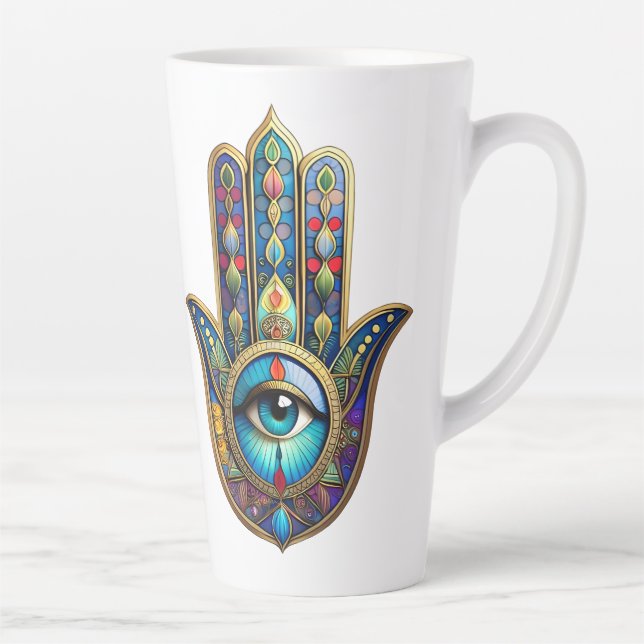 Taza De Café Latte Gold Royal Blue Hamsa w/ Turquoise Third Eye (Derecha)