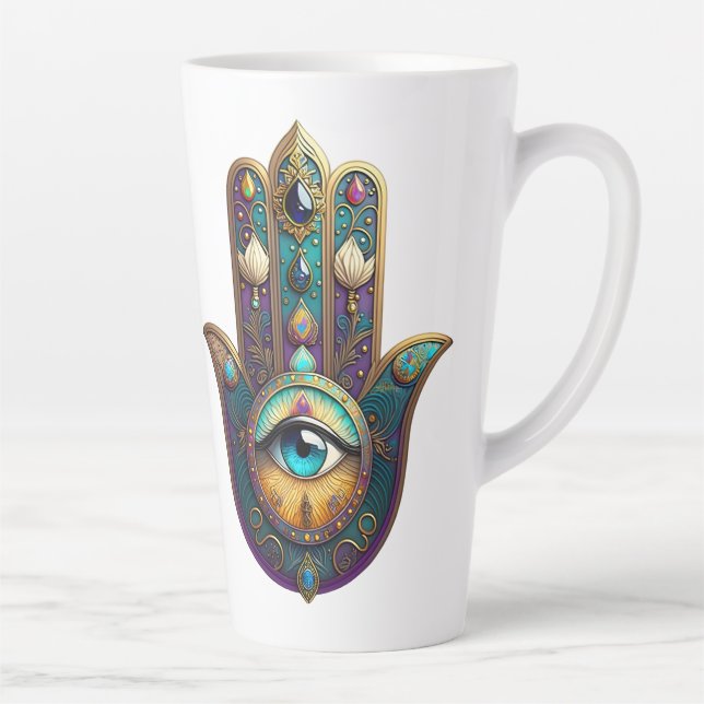 Taza De Café Latte Gold Violet Teal Hamsa w/ Turquoise Third Eye (Derecha)