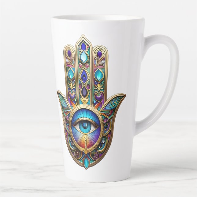 Taza De Café Latte Gold Violet Turquoise Hamsa w/ Sapphire Third Eye (Derecha)