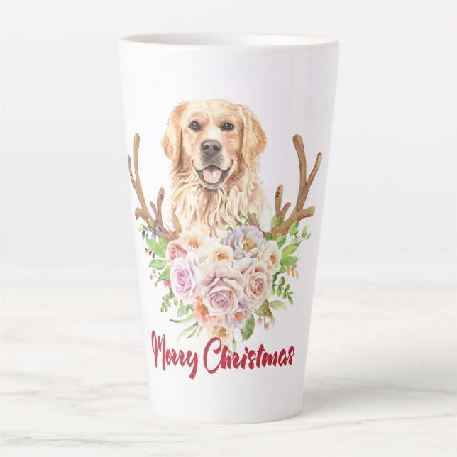 Taza De Café Latte Golden Retriever Floral Merry Christmas (Anverso)