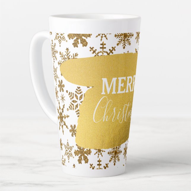 Taza De Café Latte Golden Sparkling Snowflakes Feliz Navidad (Ángulo izquierdo)