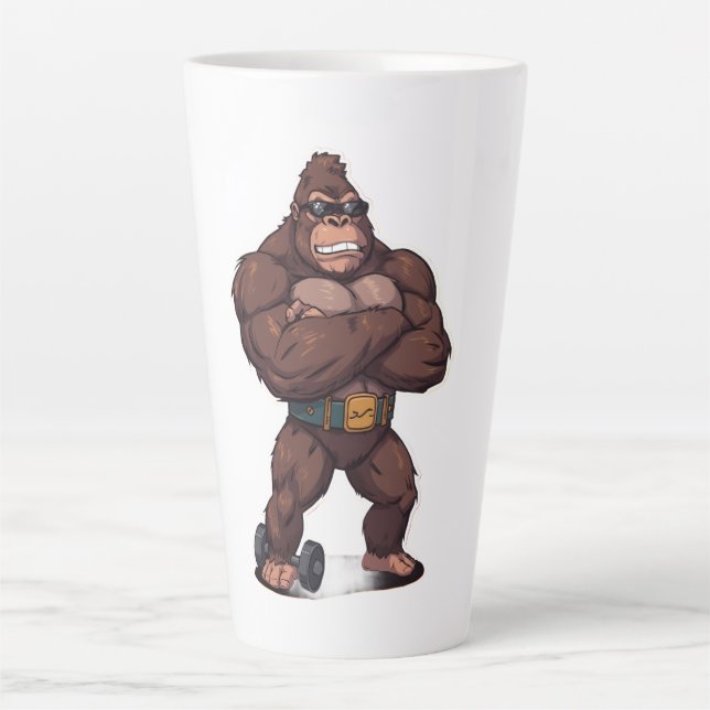 Taza De Café Latte Gorilla Bodybuilder Weight Lifter Pop Art Cartoon (Anverso)