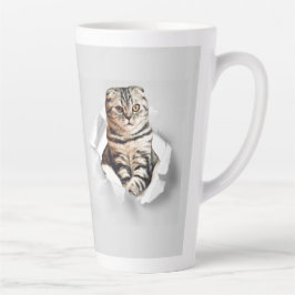 Taza De Café Latte Gracioso Gato Gris recorriendo la ilusión de papel